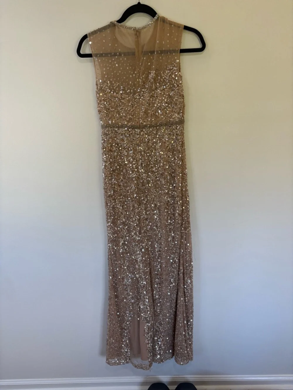 Mac Duggal Beige Embellished Illusion High Neck Cap Sleeve Gown